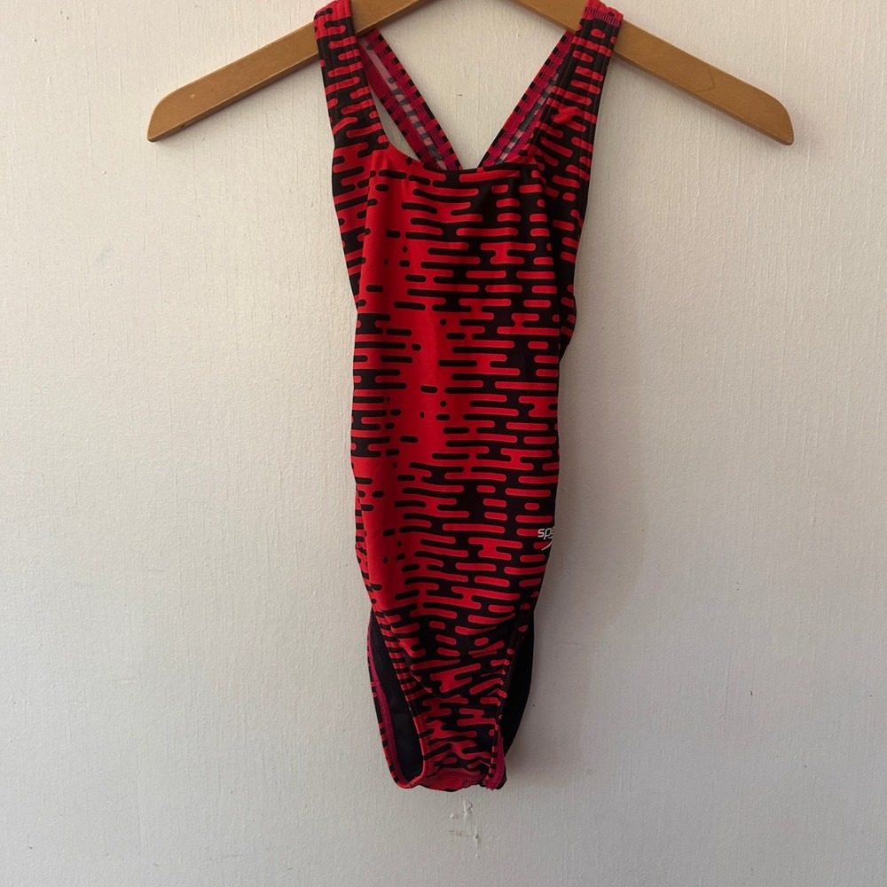 Speedo Swimsuit Women 24 Red Black Pro LT Abstract Dash Racerback Athletic